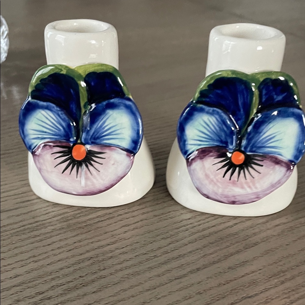 Anthropologie Blue and Cream Floral Candle Holders.